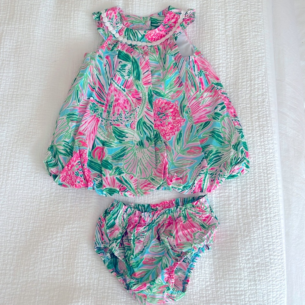 Lilly Pulitzer Pink & Green Floral Bubble Dress with Bloomers